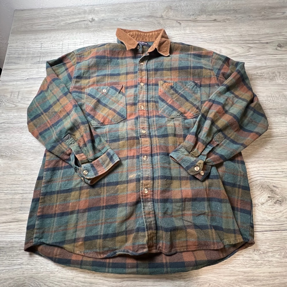 Workwear Flannel Shirt Mens 2X Green Brown Plaid Corduroy Collar Heavy Cotton